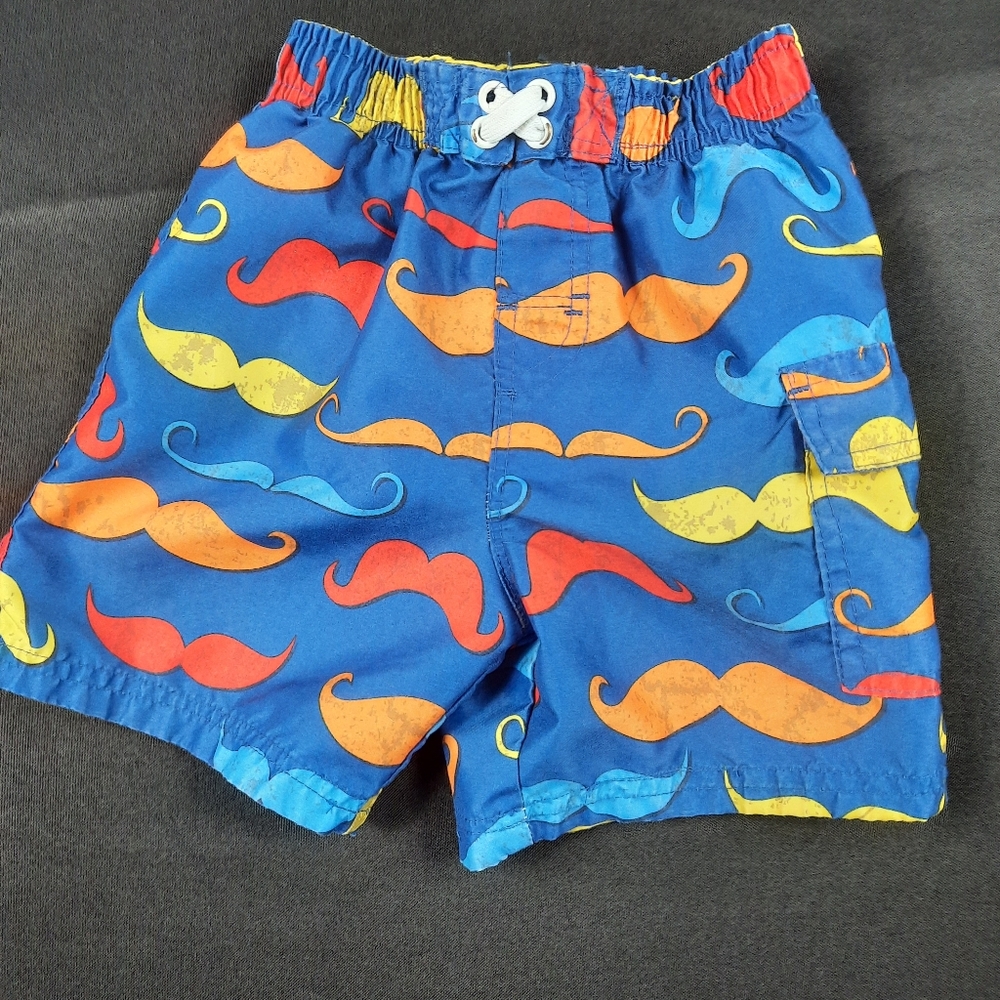 Size 3T Boys OP Blue w/ Multicolored Mustache Swim Trunks Cute Funny Adorable